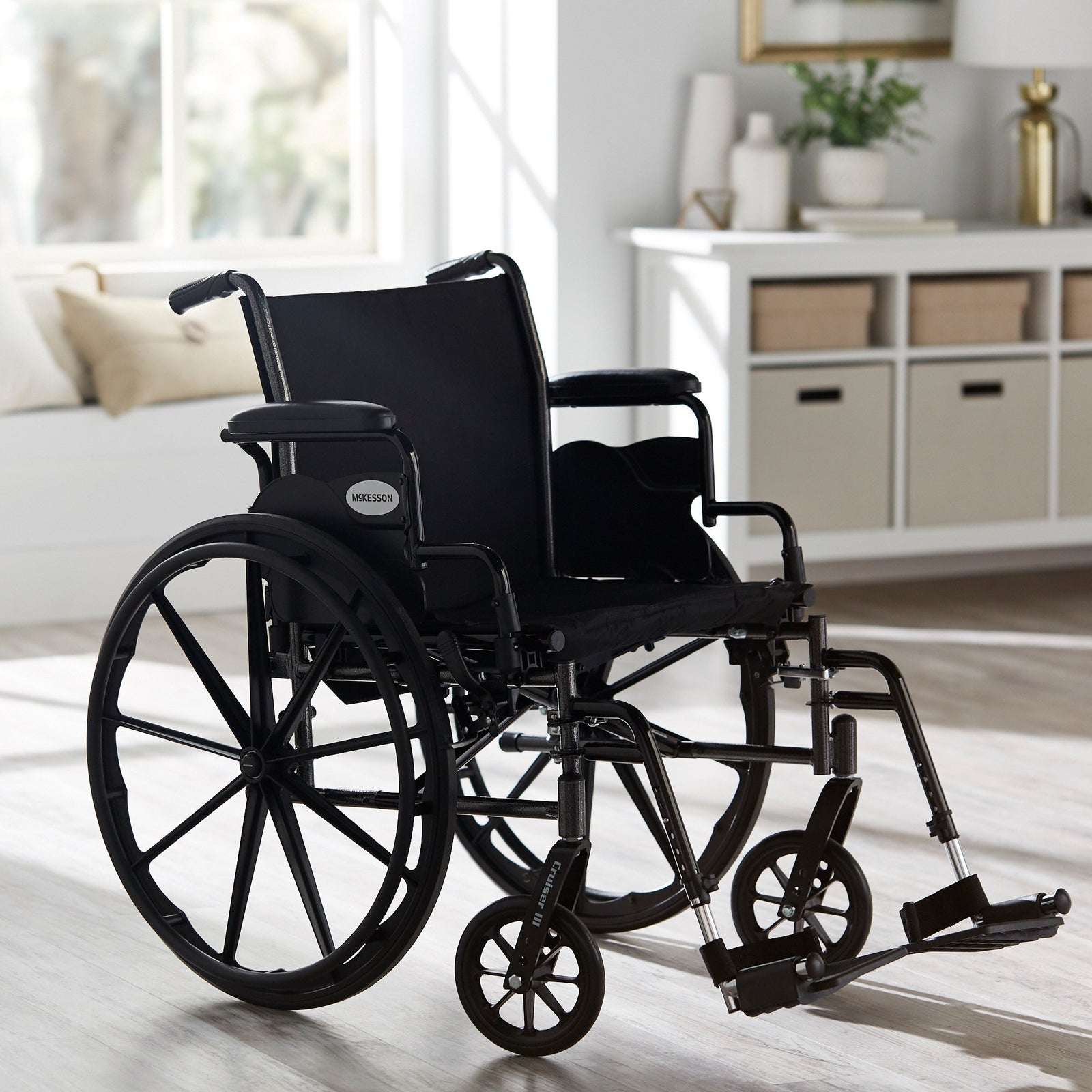 McKesson Lightweight Wheelchair Dual Axle (18" & 20" Seat Widths) w/ Swing-Away Footrest/Elevating Legrest, Black Upholstery, 300 lbs. Weight Capacity