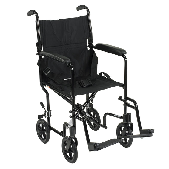 Lightweight Transport Chair Aluminum Frame With Black Finish 300 Lbs. Weight Capacity Fixed Height / Padded Arm Black Upholstery