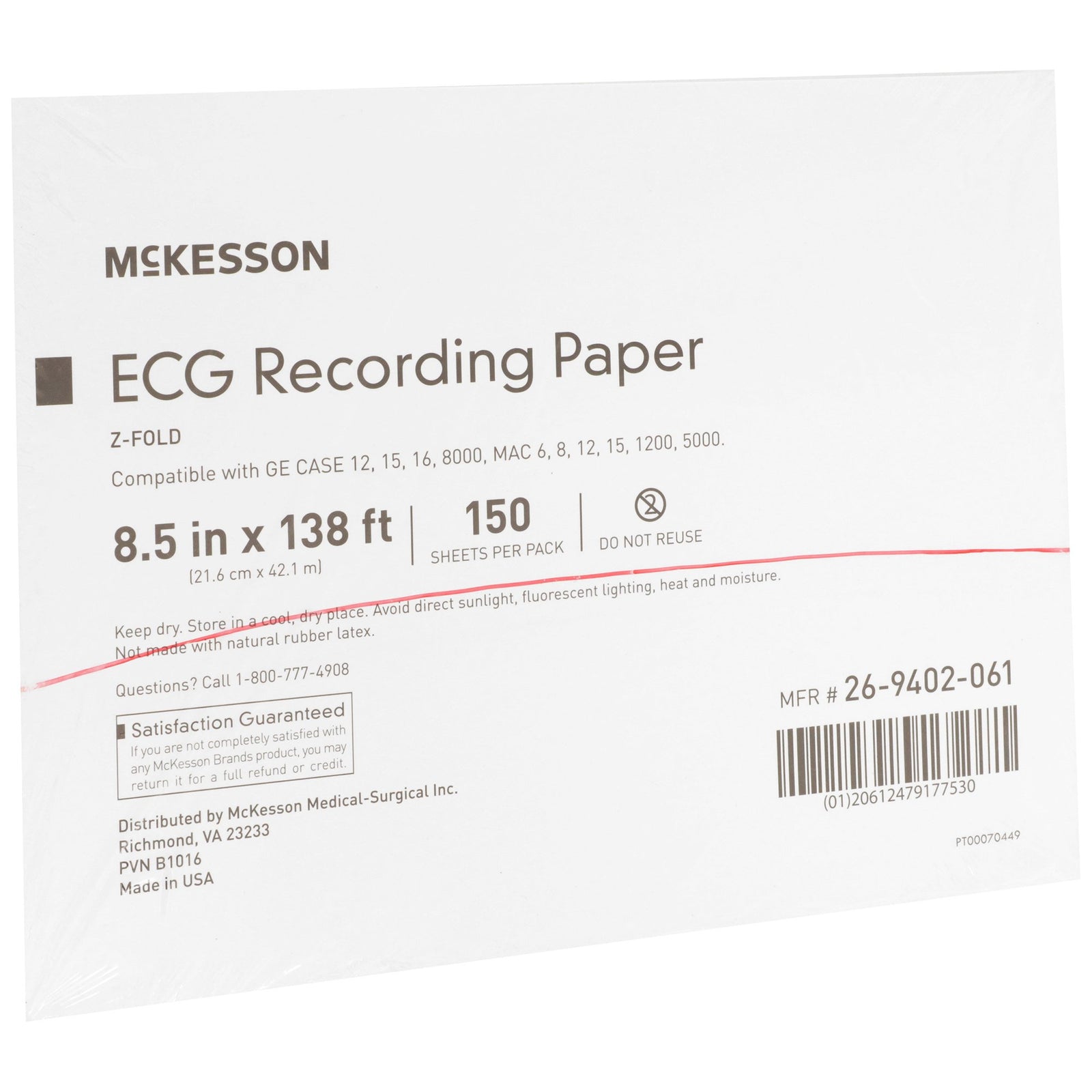 McKesson Z-Fold Thermal Diag. Rec. Paper 8.5"x 138ft Red Grid