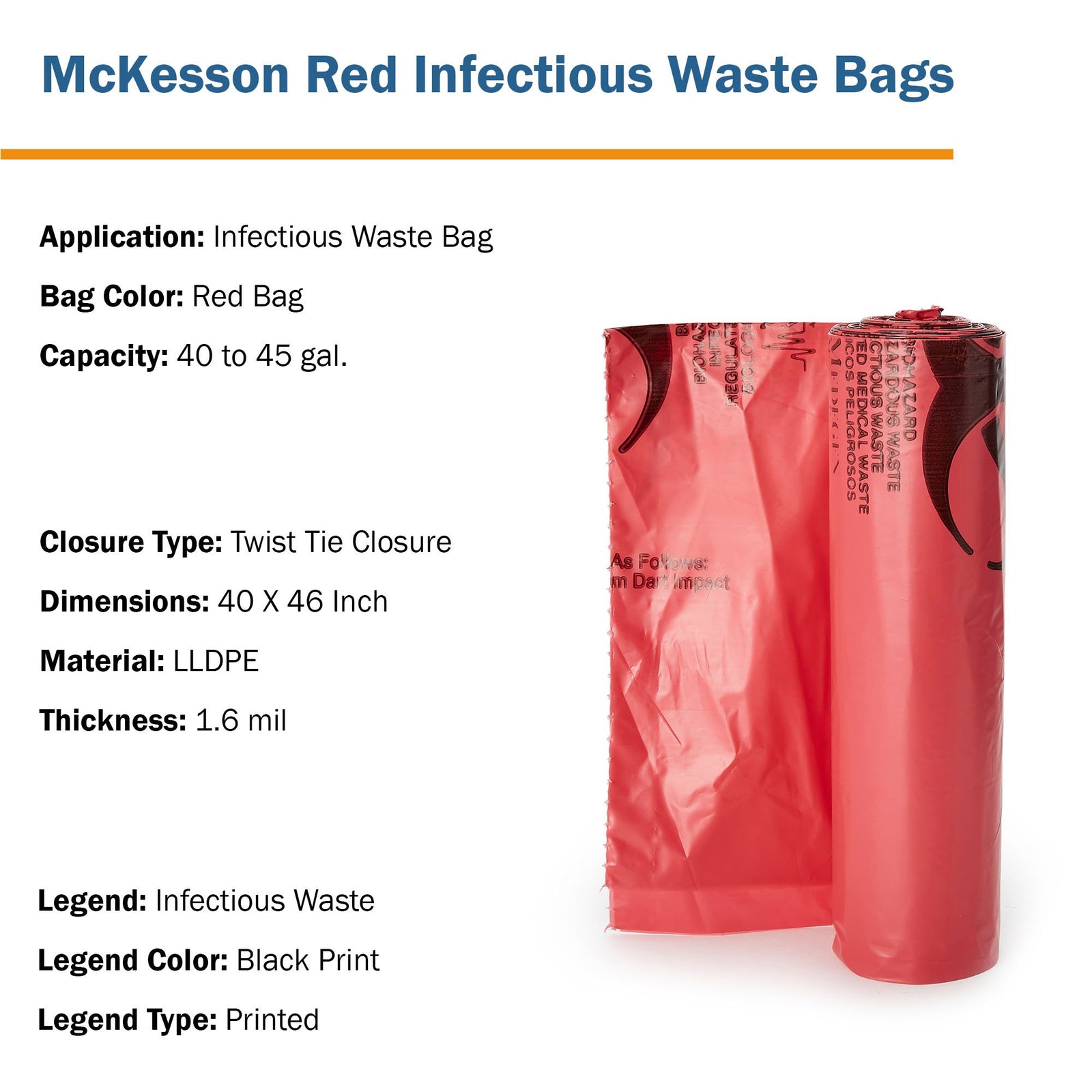 McKesson Infectious Waste Bags (40-45 gal., 30-33 gal., 7-10 gal.) - LLDPE Red