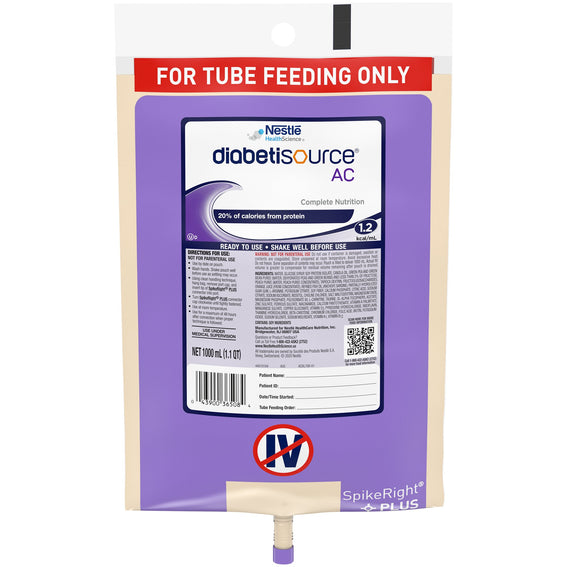 Nestle Diabetisource AC Tube Feeding Formula, 33.8 oz Bag, Ready-to-Hang, Unflavored, Adult, 6/Case