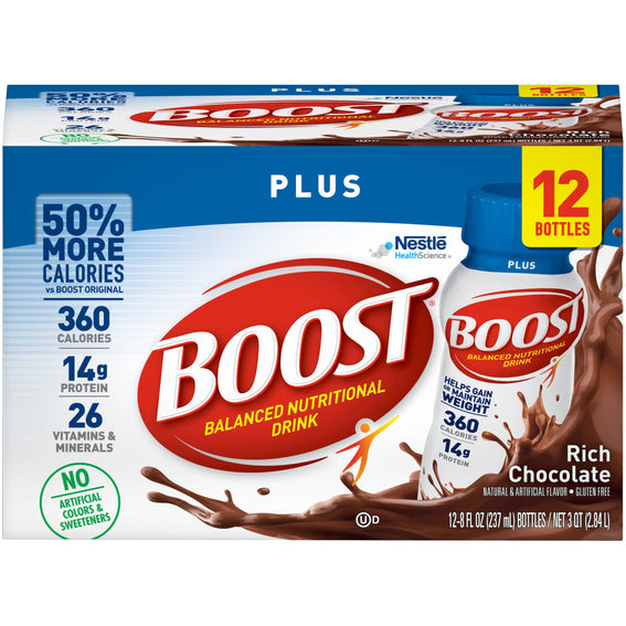 Boost Plus® Chocolate Oral Supplement, 8 oz. Bottle, 12 per Pack, 2 Packs per Case