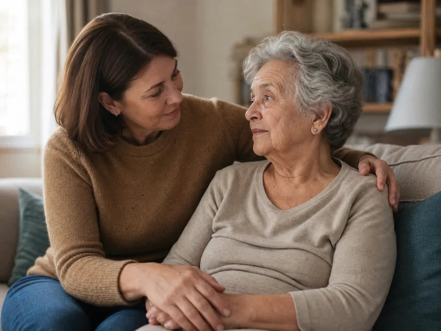 An adult gently comforting their elderly parent