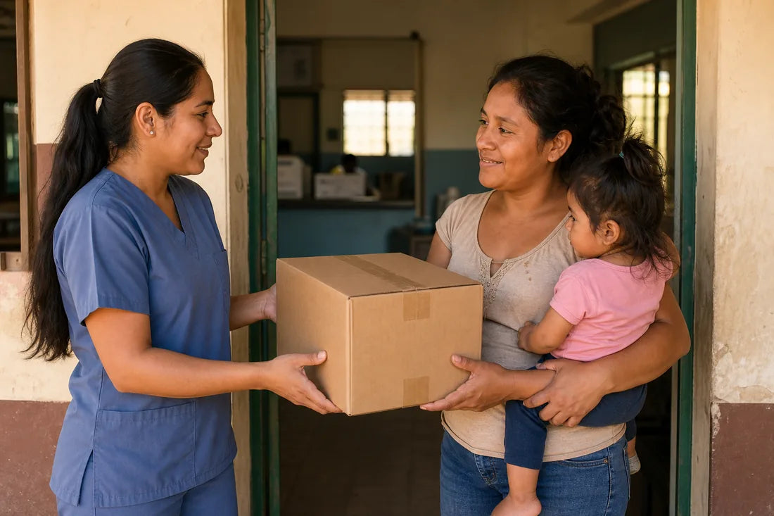 A nurse handing a box of donated care supplies to a grateful mother and child