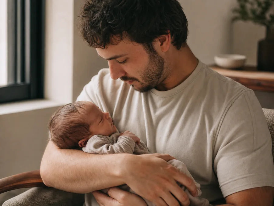A father cradling his newborn at home