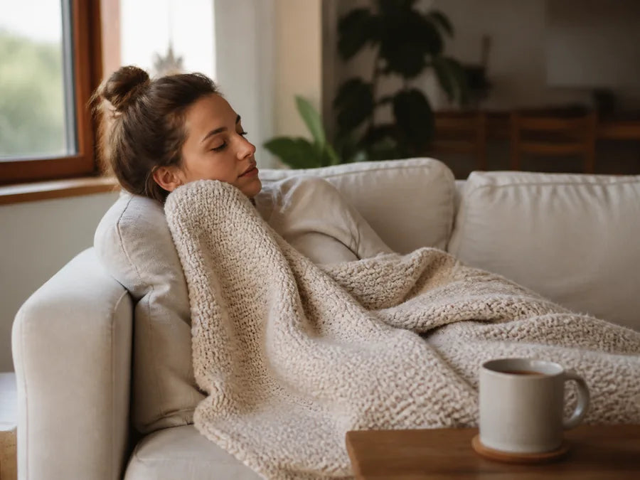 A person resting at home under a soft blanket