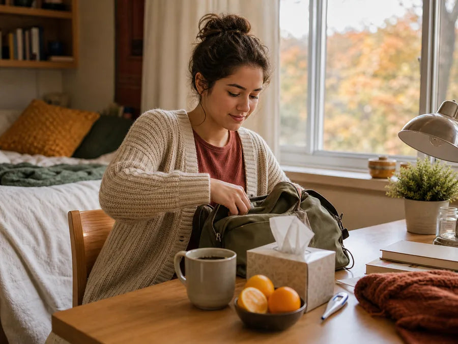 A student prepared for cold-and-flu season in a dorm